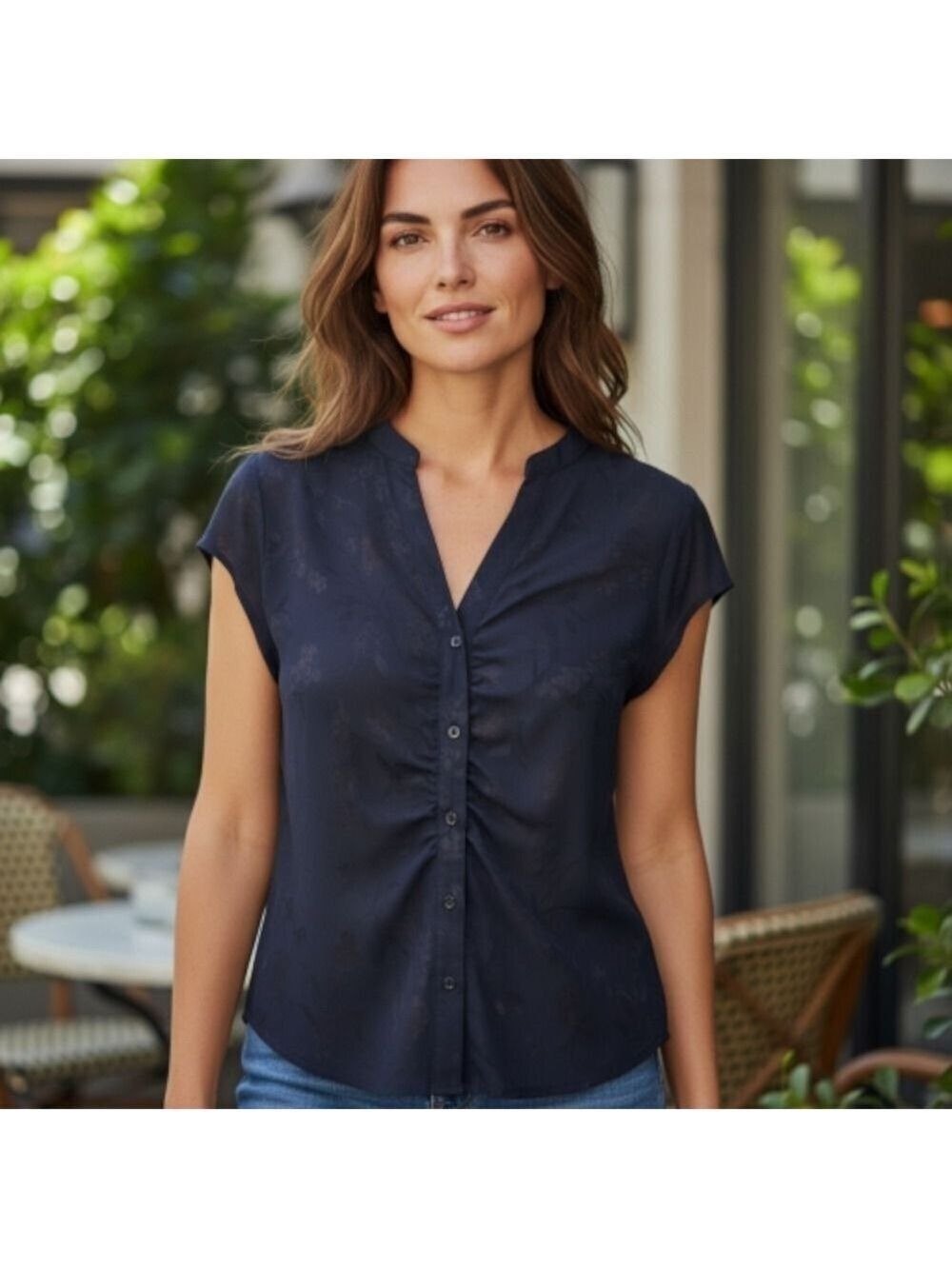 DR2 Blue Ruched Cap Sleeve Top Blouse Large